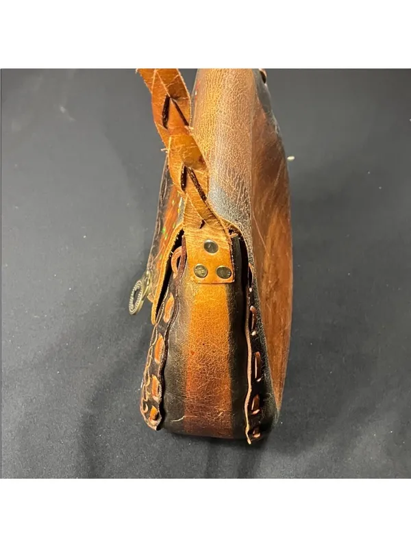 Handmade Handcrafted Brown Floral Tooled Leather Crossbody Bag - Image 6
