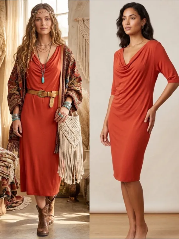 Peruvian Connection Draped Neck Stretch Jersey Midi Dress Rust Red Minimalist - Image 2