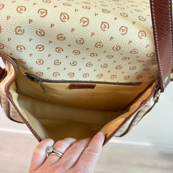 Vintage Pollini Italian Leather Logo Shoulder‎ Bag Satchel Cream/Brown - Image 13