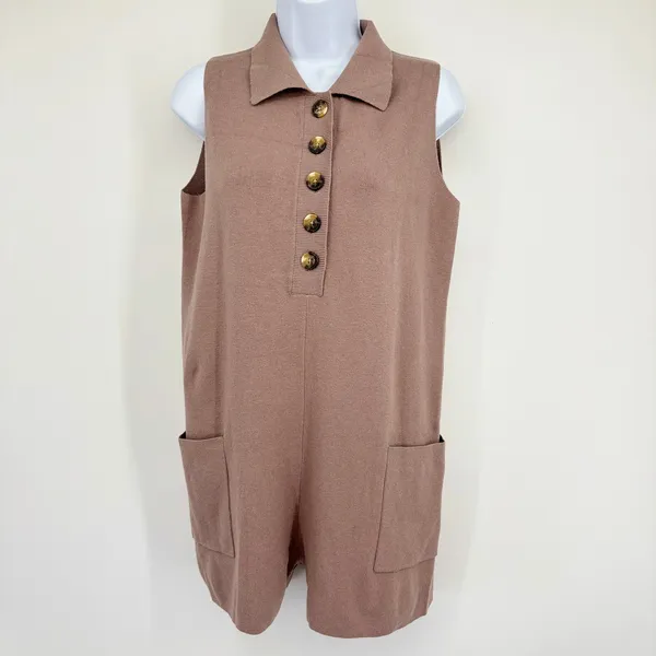 Ekouaer Knit Romper SM Apricot Sleeveless Collared Lounge Casual Resort Travel‎ - Image 2