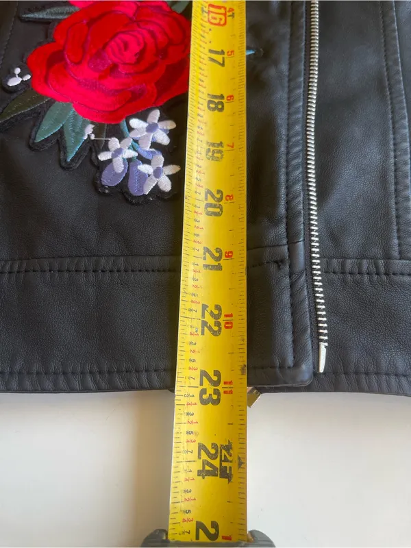 Say What? Faux leather Black Moto Jacket with Red Rose Embroidery - Image 7