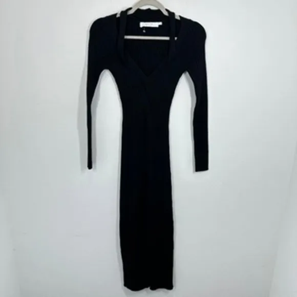 ASTR The Label Black Ribbed Knit‎ Deep V Neck Plunge Midi Dress Size S Bodycon - Image 2