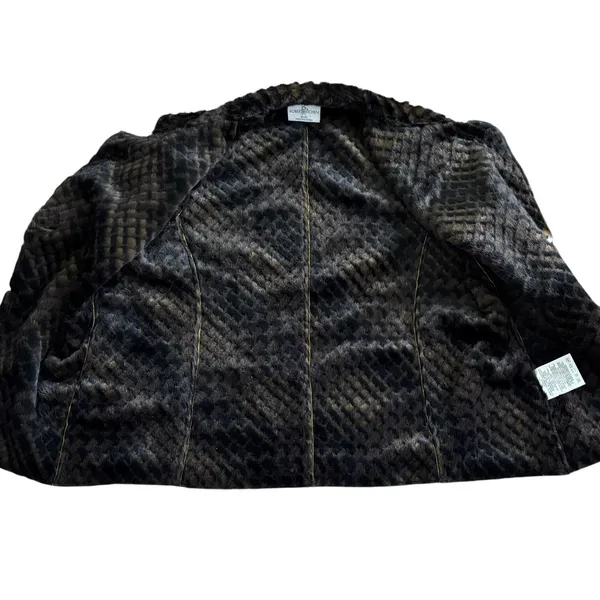 Robert Kitchen Faux‎ Suede Faux Fur Leaf Print Jacket Sz M Yellow Brown - Image 3