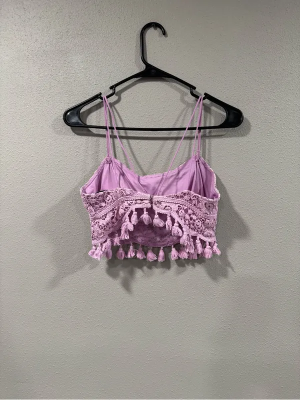 Sherri Hill Lavender Crochet Lace Mini Dress with Tassel Trim - Image 4