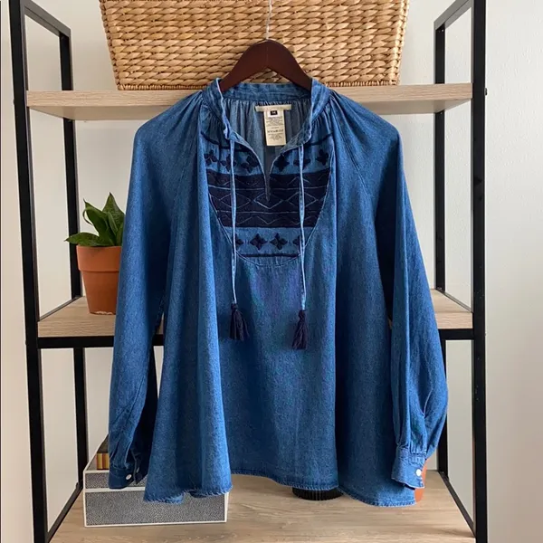Anthropologie Ne Quittezpas Denim Chambray Embroidered Tassel Top, M - Image 3