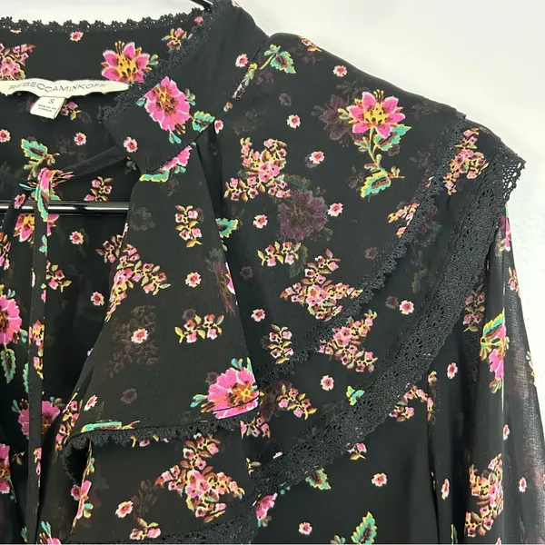 Rebecca Minkoff Devy Black/Pink Floral Ruffle Bell Sleeve Blouse Size Small - Image 8