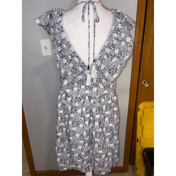Anthropologie V-neck Plunge Tunic Mini Dress Blue White Floral Ruffle‎ Pockets - Image 4