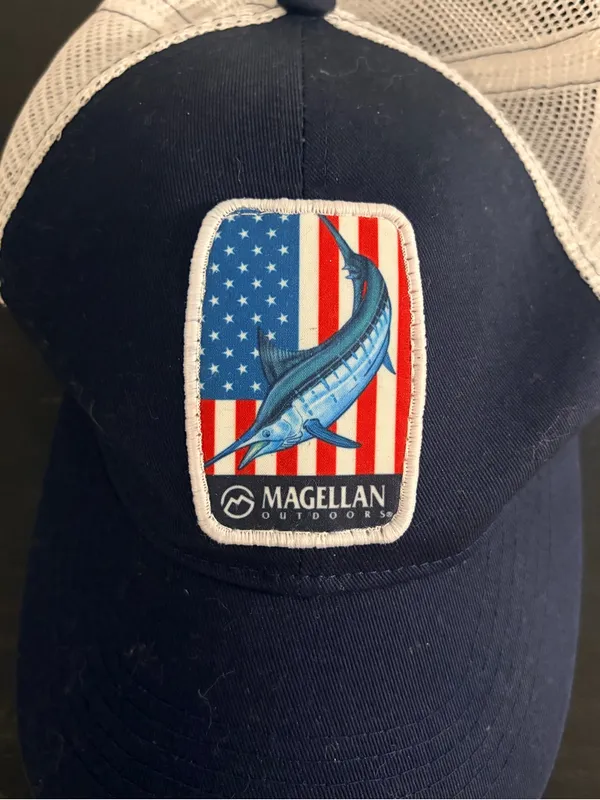 Magellan Outdoors Navy and White Trucker Hat with Marlin Patch - Image 3