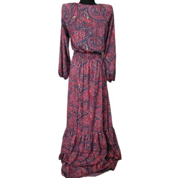 Anthropologie Boemo Teal Paisley Smocked Waist Tiered Maxi Dress Sz S Boho Retro - Image 4
