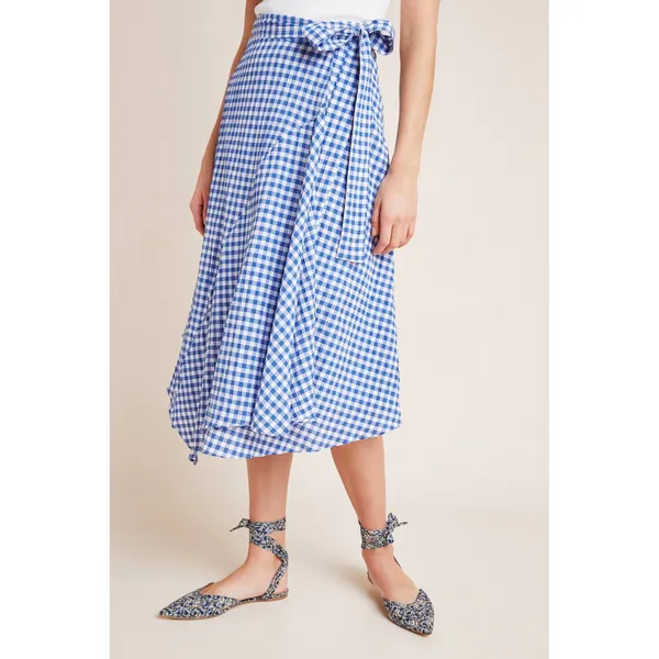 Maeve by Anthropologie Blue Gingham Wrap‎ Midi Skirt Size 2 Tie Waist - Image 2