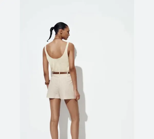 Zara beige stripe mini skirt brown belt - Image 2