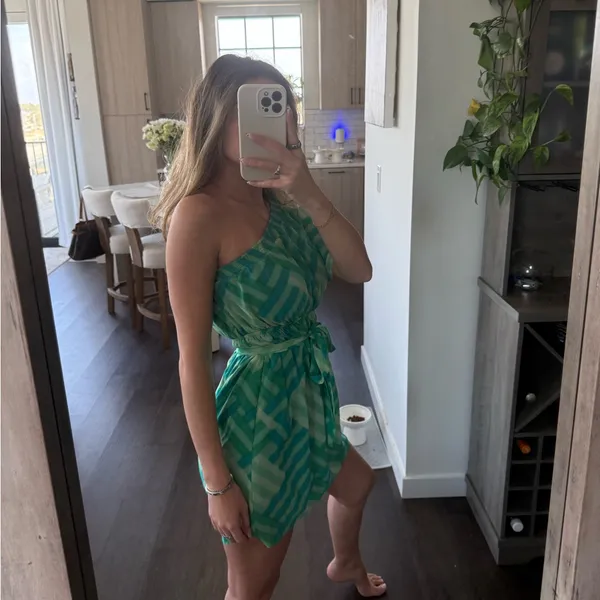 Forever 21 Teal Patterned Dress One Shoulder w/ Tie (Size Small) - Image 2