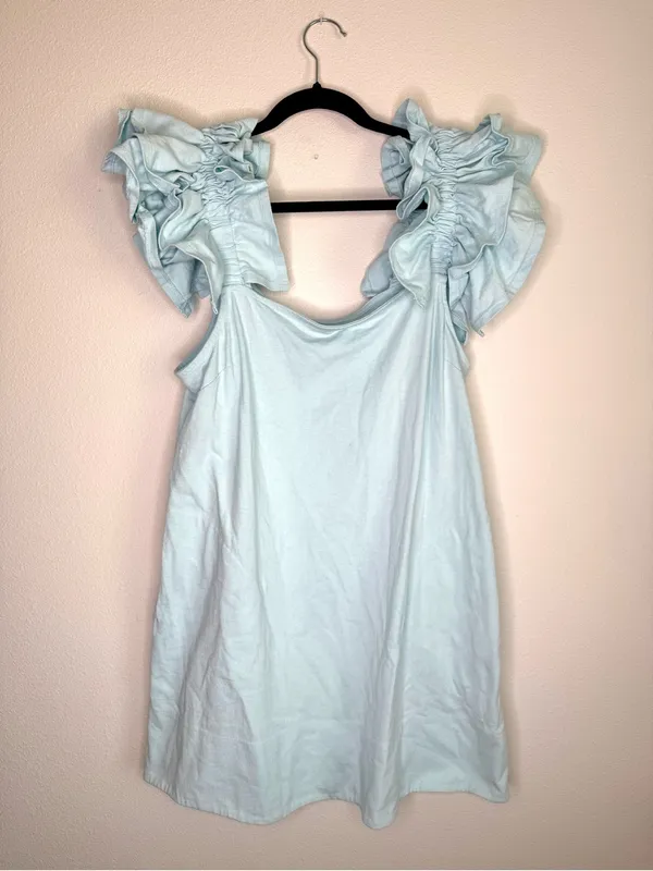 Free People Free-Est Josie Mini Dress Light Blue Flutter Ruffle Sleeve Sz M - Image 5