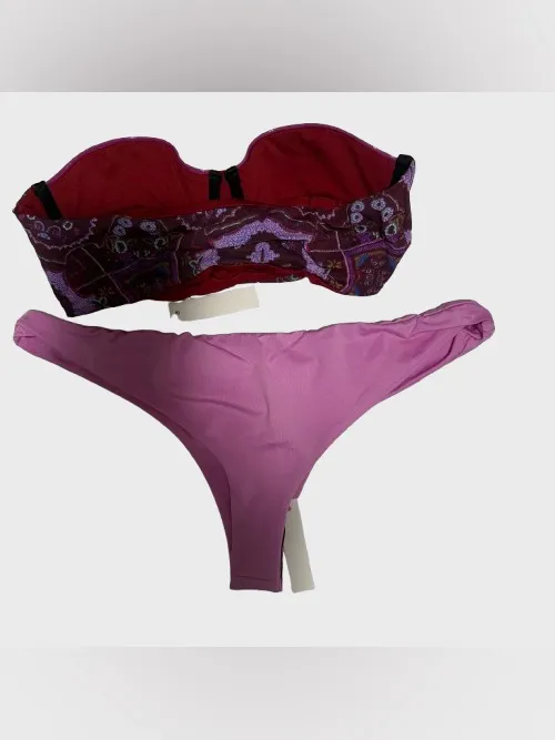 Zinke Plum Patterned Bandeau Top with Pink Bikini Bottom - Image 4