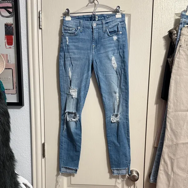 7‎ For All Mankind Distressed Frayed Ankle Skinny Jeans - Image 2