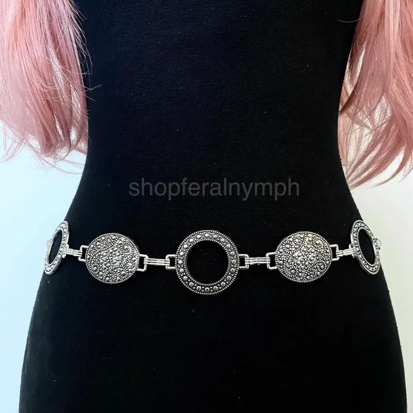 Silver Y2K Textured Oval Open Ring Chain Belt, Fits 27 to 44 Inches, X7GA1364 - Image 2