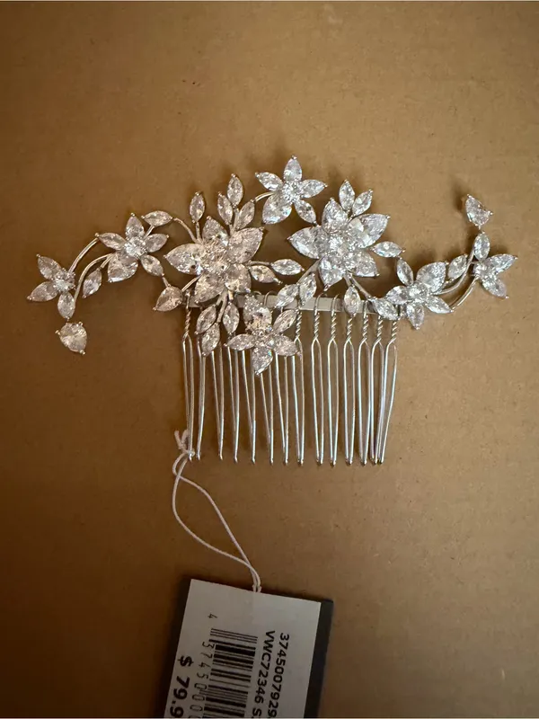 WHITE by Vera Wang VWC72346 Cubic Zirconia Floral Bridal Hair Comb Silver NWT - Image 4