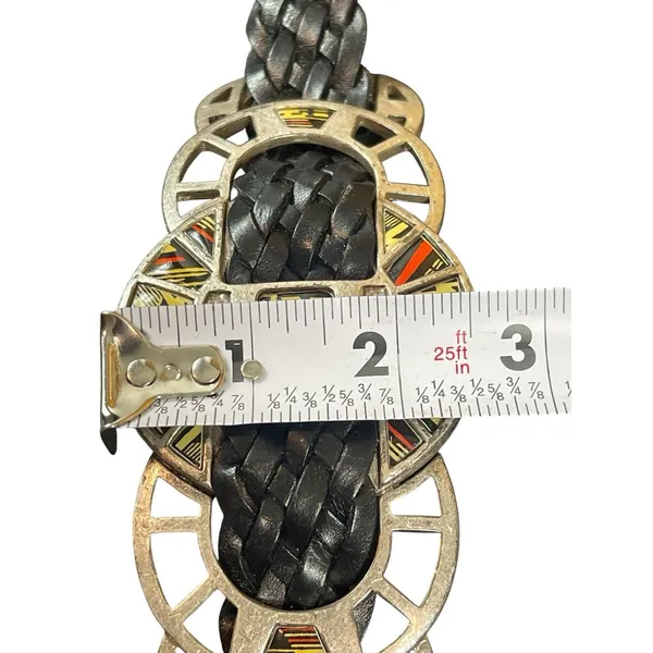 Y2K Chicos Black Braided Leather Chain Belt Enamel Concho Medallion Boho Western - Image 8