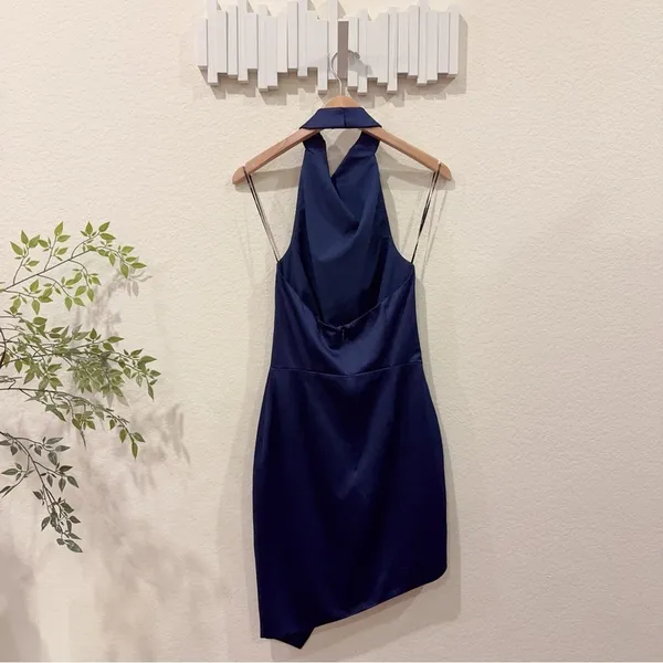 Elliatt Camo Navy Blue Halter Backless Satin Mini Dress Asymmetrical Hem NWT - Image 6