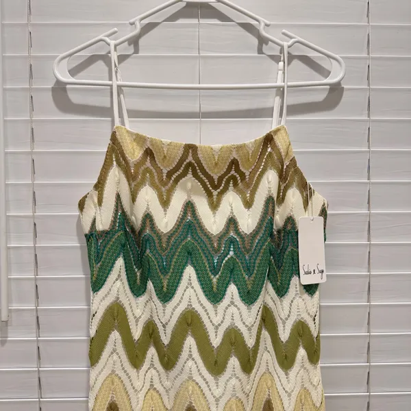 NEW Sadie & Sage The‎ Tides Maxi Dress Green Chevron Crochet Spaghetti Strap L - Image 3