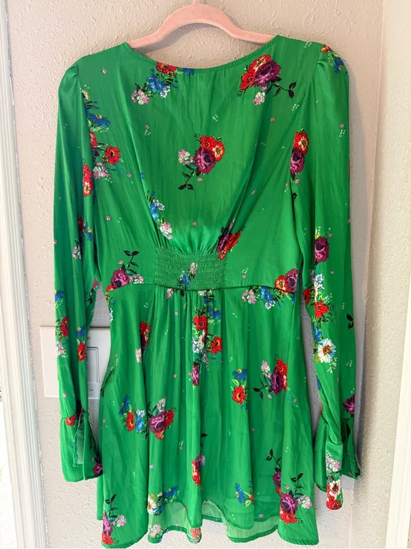 Free People Bright Green Floral Tie-Front Mini Dress V-Neck - Image 4