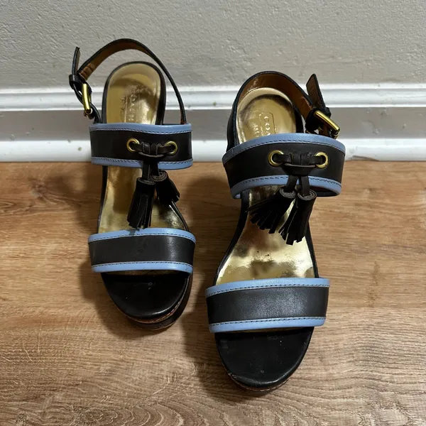 Coach | Women's Brown Blue Leather Tassel Cork Platform Wedge Sandals, 6.5B - Image 2