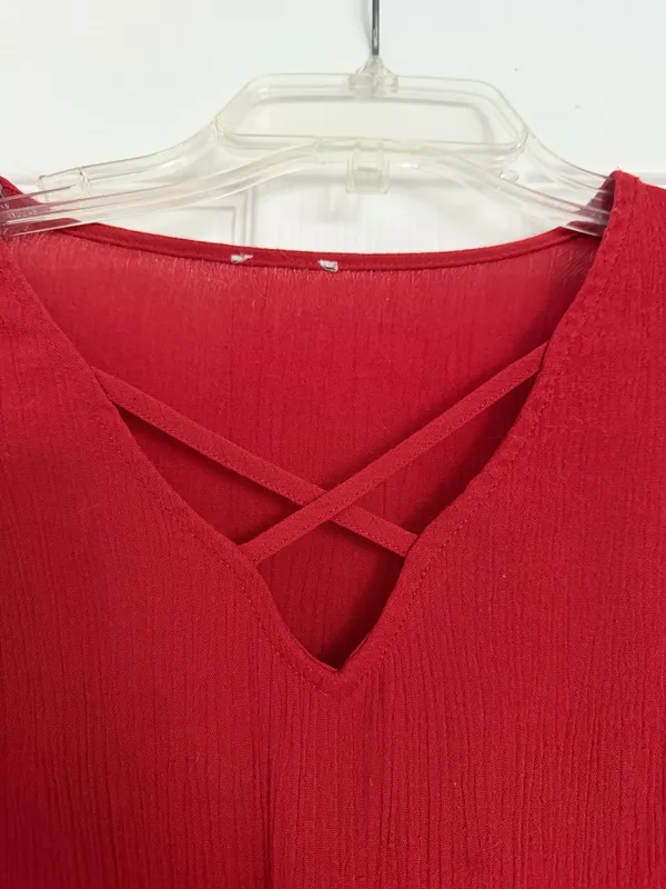 Red 70s Style Culotte Blouse Crisscross Tie-Front Women’s Top - Image 4