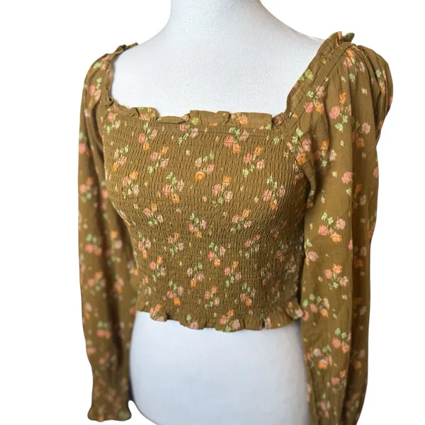 Aerie Smocked Bodice‎ Floral Crop Top Blouse Small Cottagecore Boho Chic Forest - Image 2