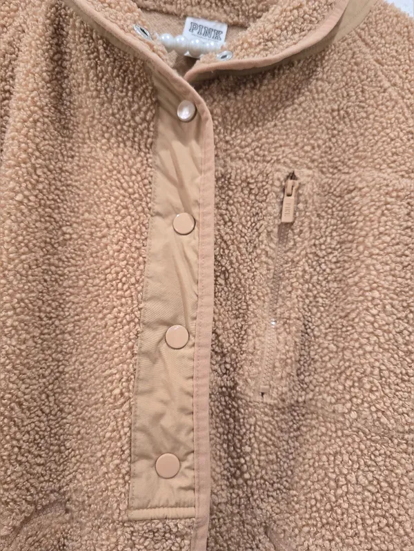 Victoria's Secret PINK cozy fleece snap button jacket Camel Size M - Image 5