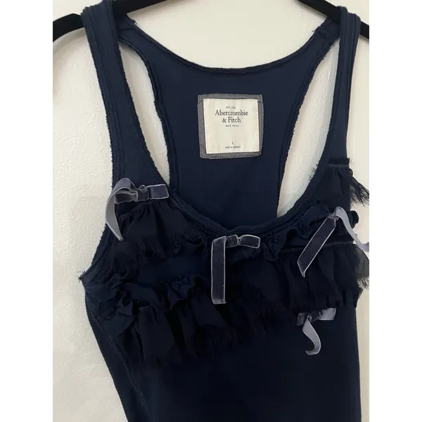 Abercrombie And Fitch Cotton Ribbed Tank Top Bow Embroidered Velvet Navy Blue L - Image 2