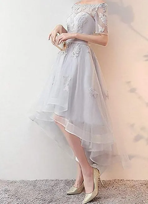 Amazon Women's high low prom dresses formal wedding party gowns with sleeves appliques - Image 4