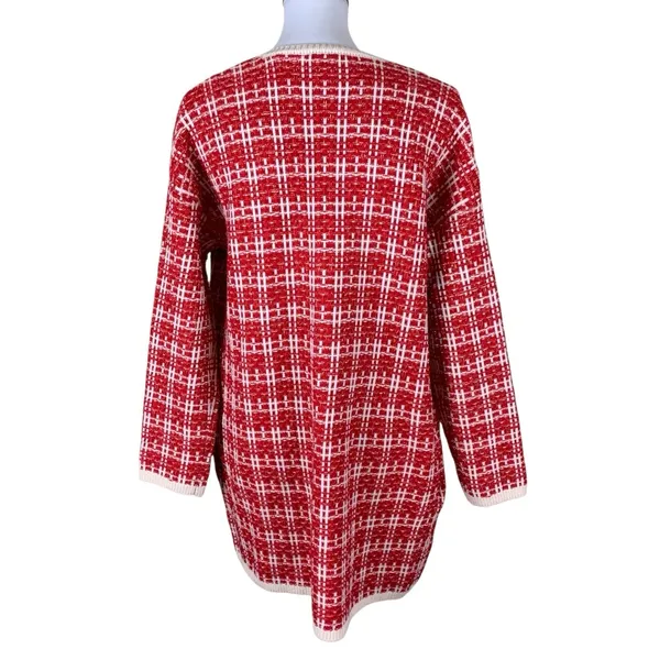 Calligraphie Red White Open Knit Cardigan‎ Longline Cozy Women M - Image 2