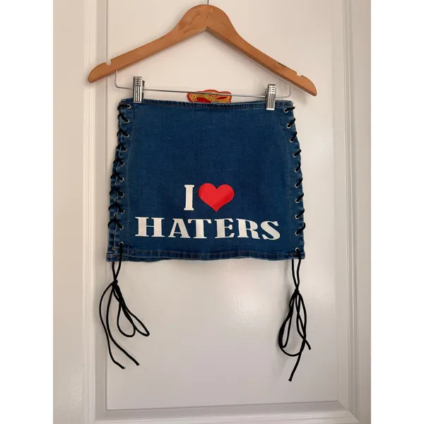 EDIKTED I Love Haters Denim Mini Skirt XS Y2K‎ Streetwear - Image 3