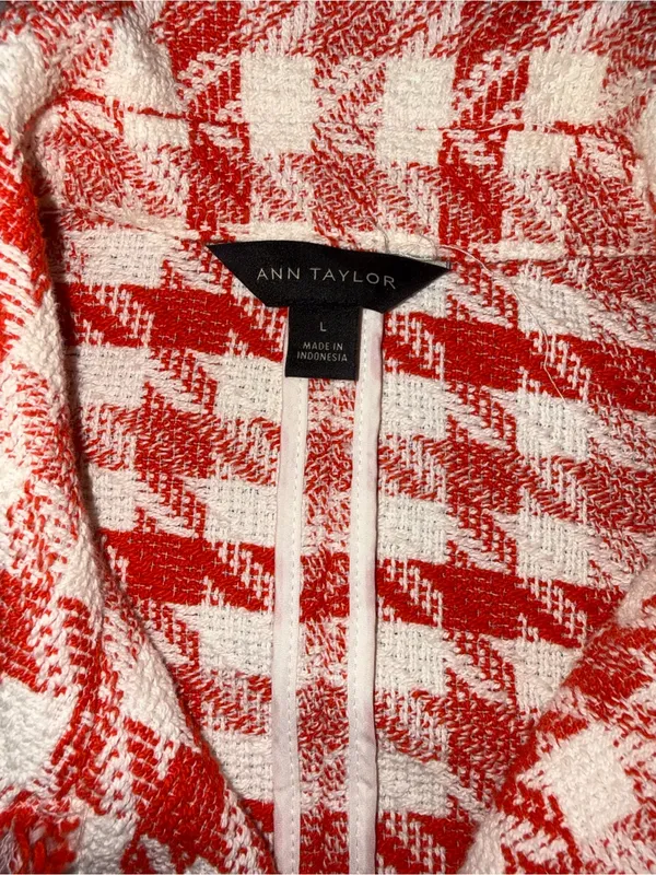 Ann Taylor Fringe Houndstooth Tweed Moto Jacket Blazer Size L - Image 7