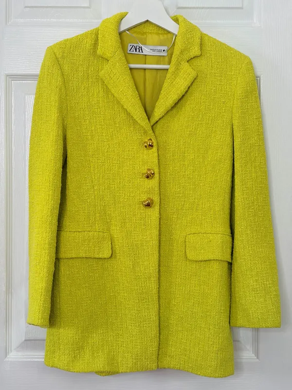 ZARA Chartreuse Boucle Blazer XS GoldButton Tweed Quiet Luxury Mod Preppy Career - Image 2