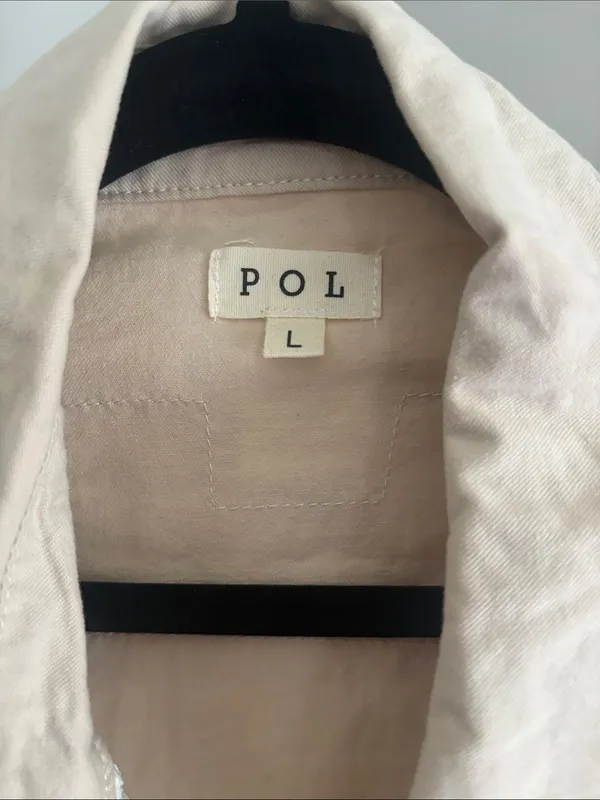 POL Patchwork Beige Floral Lace Panel Button-Up Shirt Jacket Long Shacket Sz L - Image 4