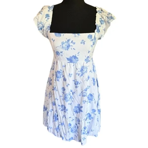 Hollister Women’s Small Blue White Floral Tie Back Mini Dress - Image 2