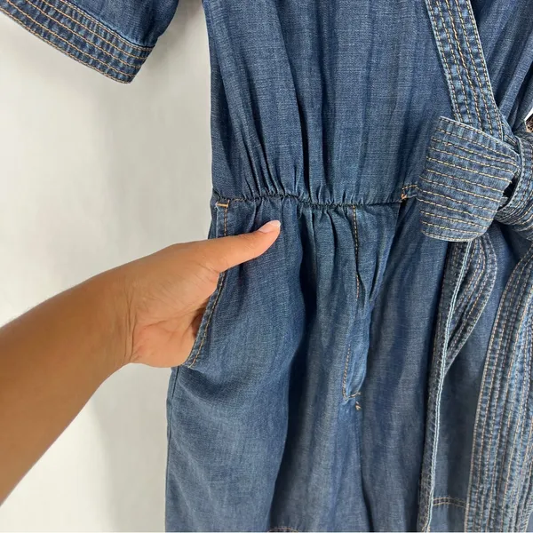 Pilcro by Anthropologie Blue Chambray Denim Tie‎ Waist Wrap Bodice V-Neck Romper - Image 6