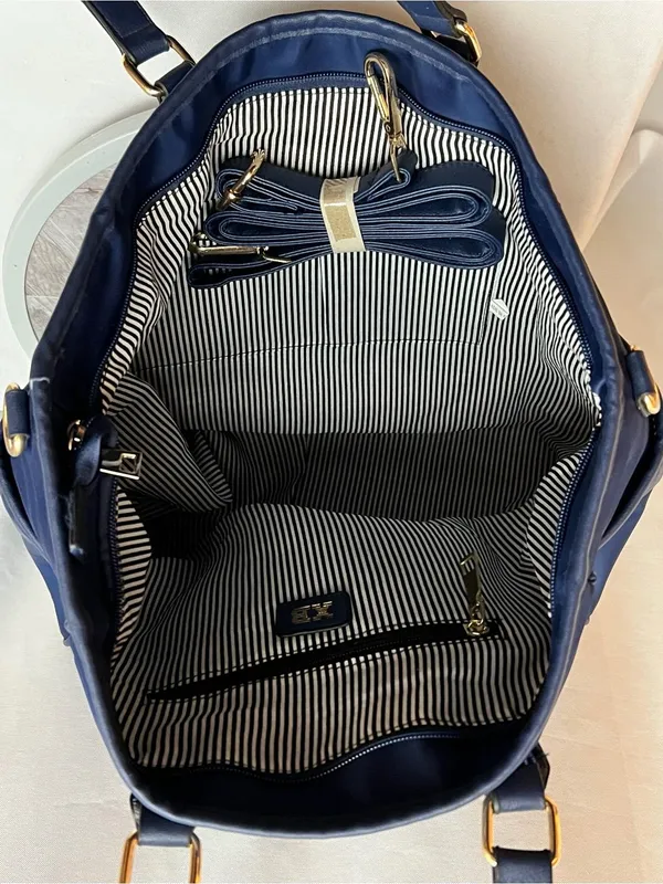 XB Navy Blue Nylon Tote Bag Laptop Travel Shoulder Purse Gold Hardware - Image 4