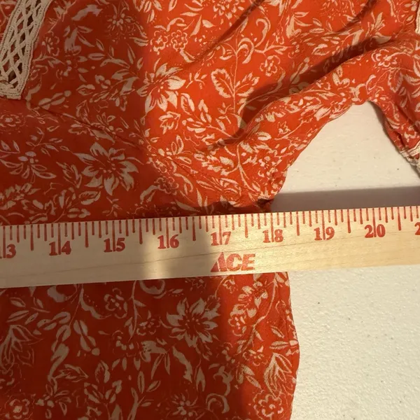 Free People XS Orange Boho Print Tunic Top Blouse W Ivory‎ Crochet Trim Tiered - Image 8