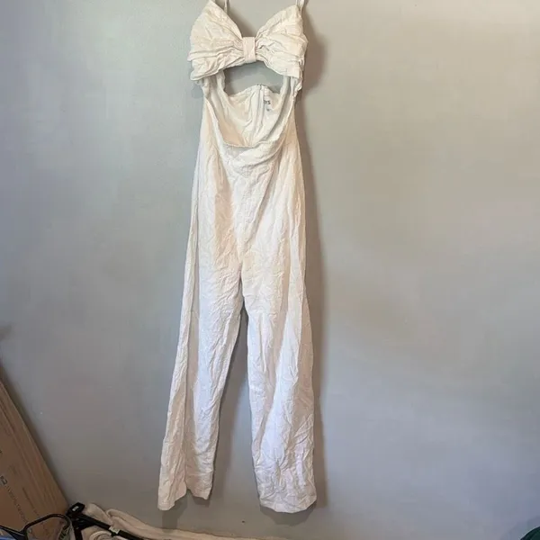 SNDYS Revolve White Jumpsuit Open Front Wide Leg Small 100% Cotton #1000 - Image 3