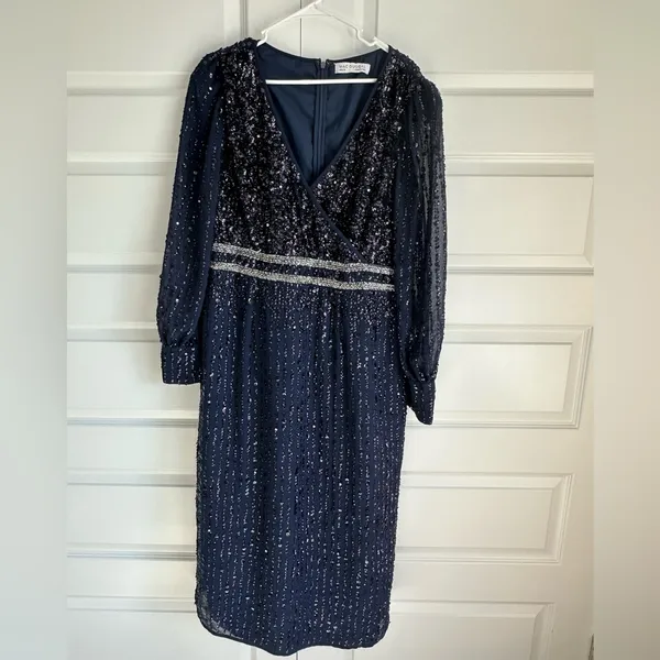 Mac Duggal Sequined V Neck Bishop Sleeve Midi Dress Navy Blue‎ Size 16 #93593 - Image 4