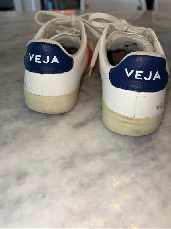Veja White Leather Sneakers with Red V and Navy Heel - Image 3