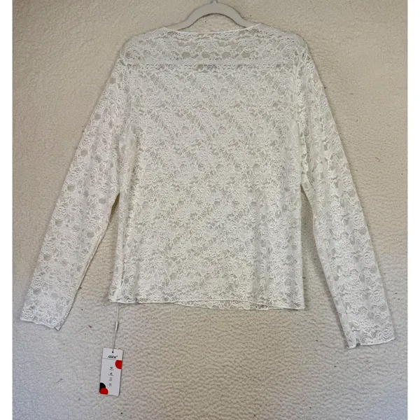 Top Womens XL White Lace Long Sleeve Round Neck Sheer Cottage Festival Coquette - Image 2