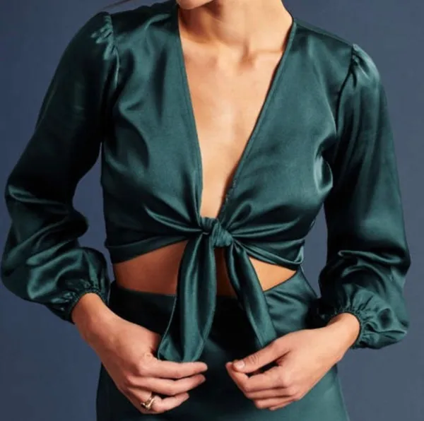 Women's Long-Sleeve Tie-Front Satin Blouse - Image 5