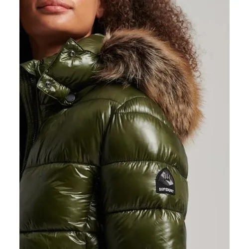 Superdry Code Sportswear High Shine Puffer Jacket Faux Fur Hood Olive Green S/10 - Image 3