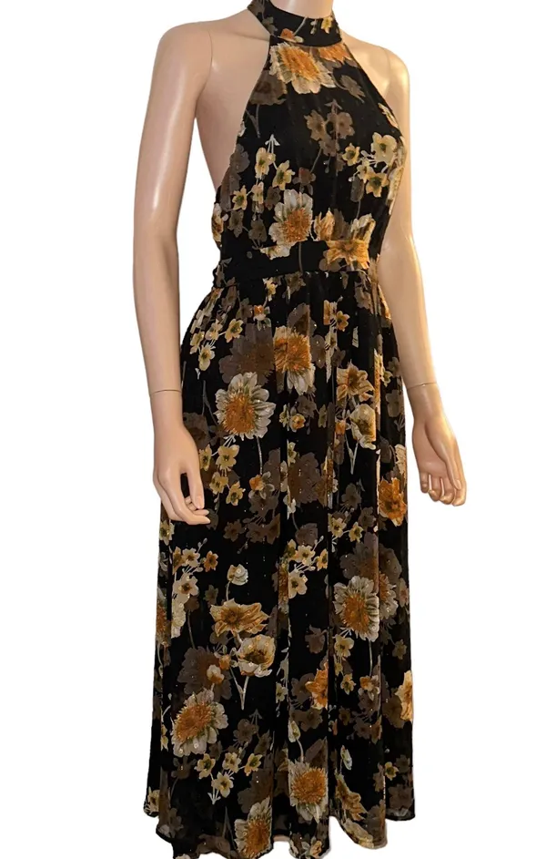 Lulus Charming Vision black floral Swiss dot Lurex halter midi dress - Image 7