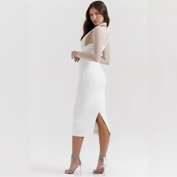 NWOT House of CB Yasmin White Plunge Midi Dress Long Sleeve sz S - Image 4