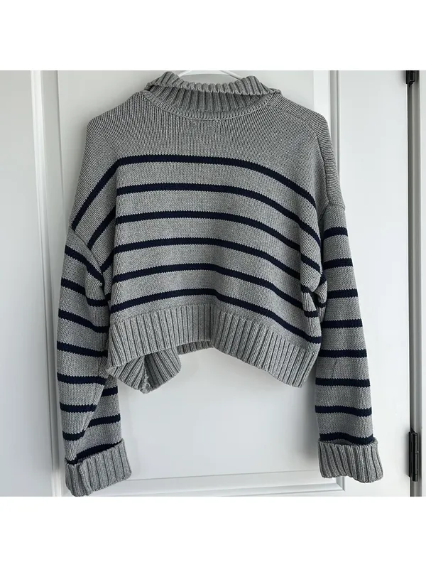 PacSun Callie Cotton Stripe Crop Polo Sweater Heather Gray XL - Image 5