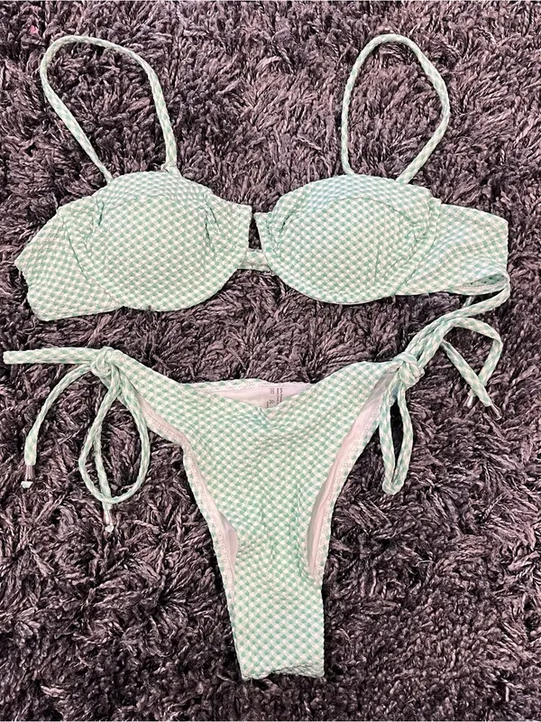 Amazon 🌸NWT GREEN AND WHITE GINGHAM HIGH CUT BIKINI SIZE MEDIUM 🌸 - Image 2